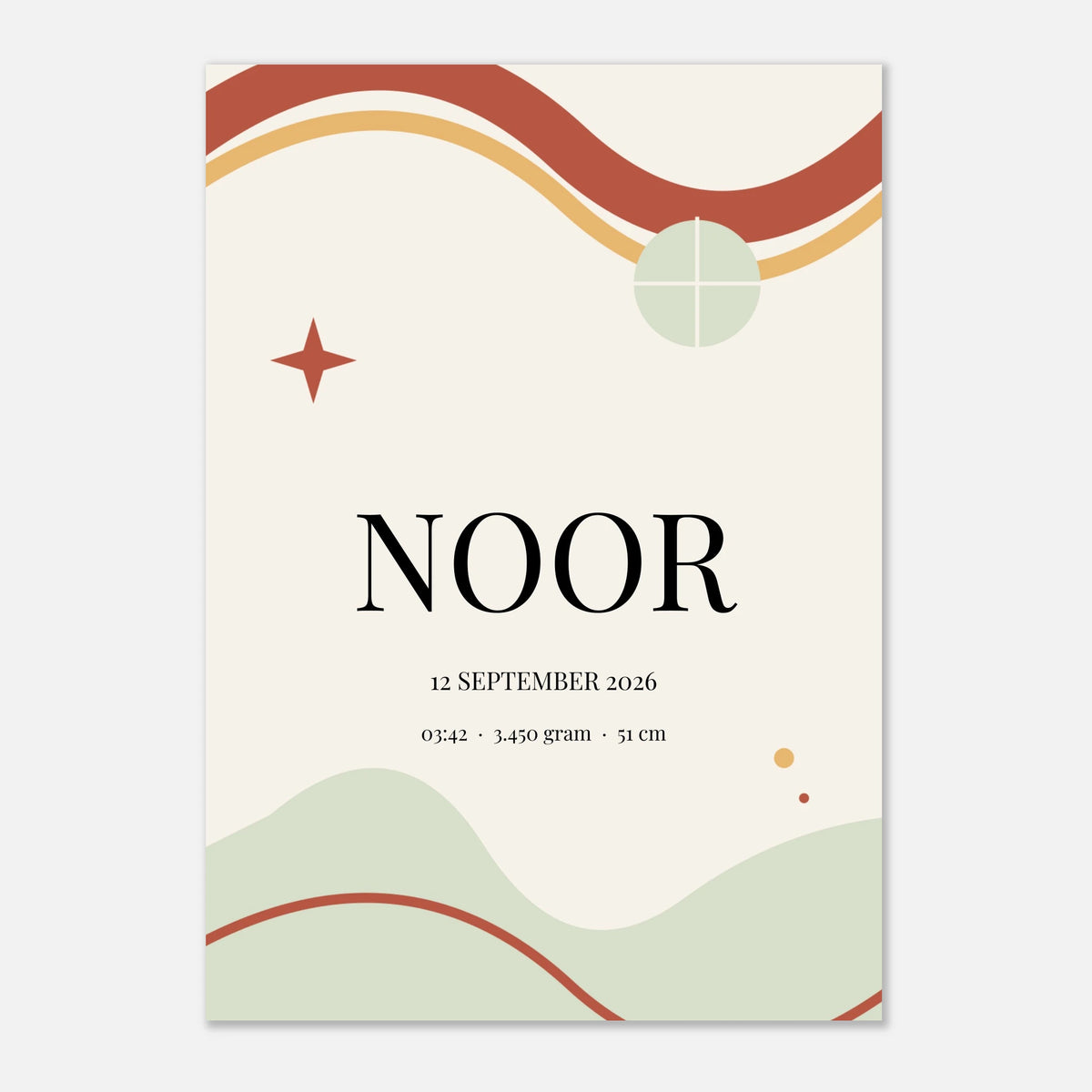 Geboorteposter Momentbogen met naam Noor, geboortegegevens en gekleurde bogen