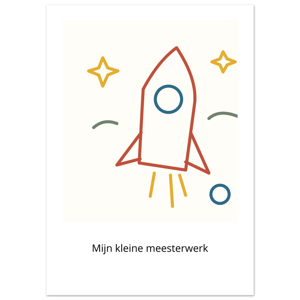 Kinderkunstposter Mini Meester met een getekende raket, sterren en Mijn kleine meesterwerk