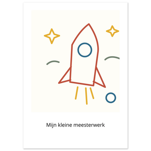 Kinderkunstposter Mini Meester met een getekende raket, sterren en Mijn kleine meesterwerk