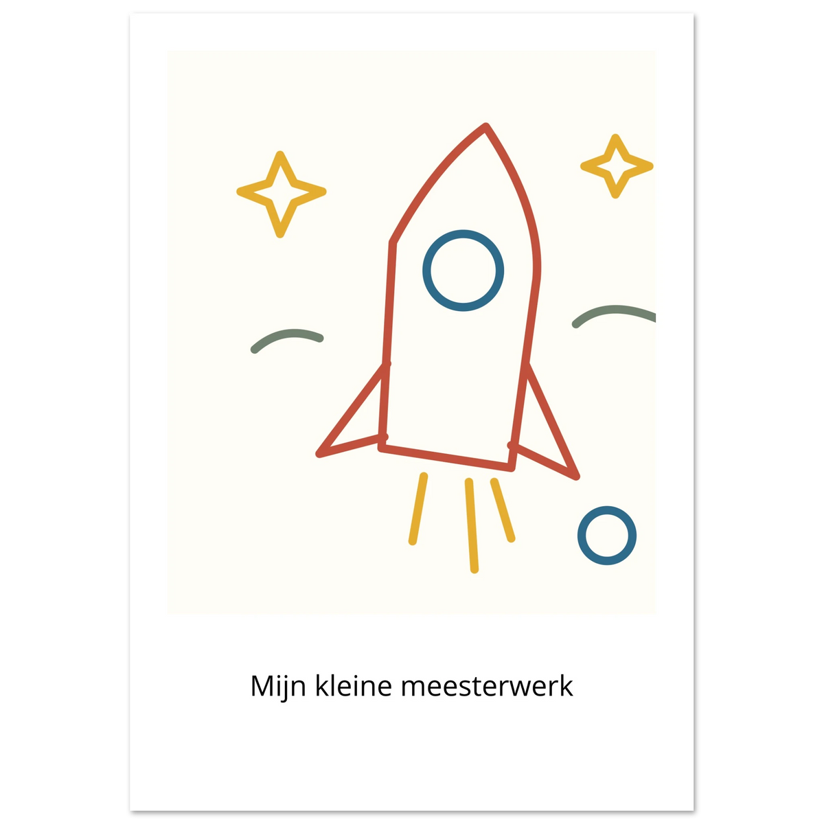 Poster Mini Meester met een kleurrijke rakettekening en persoonlijke onderschriftregel