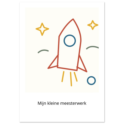 Poster Mini Meester met een kleurrijke rakettekening en persoonlijke onderschriftregel