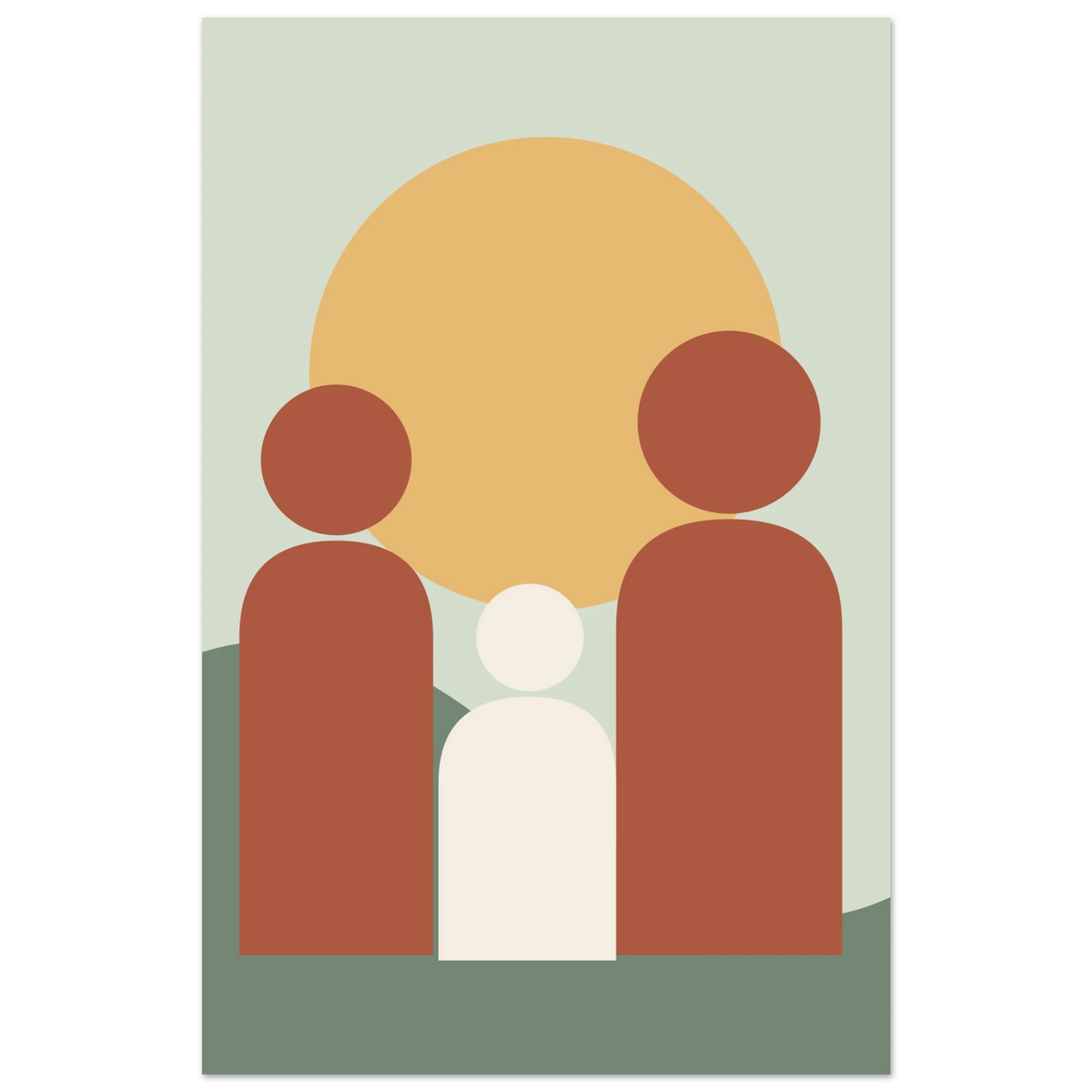 Posterontwerp met een gezin in groen, oker en terracotta