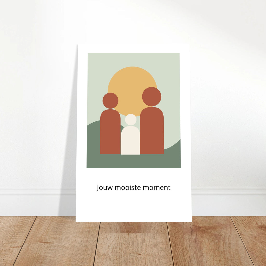 Poster Jouw verhaal staand tegen een witte muur op een houten vloer