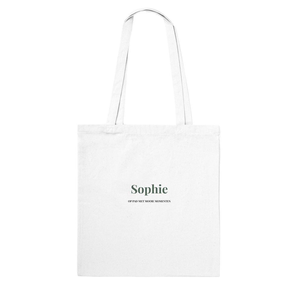 Katoenen tas met lange hengsels en persoonlijke naam in groen, voorbeeld Sophie