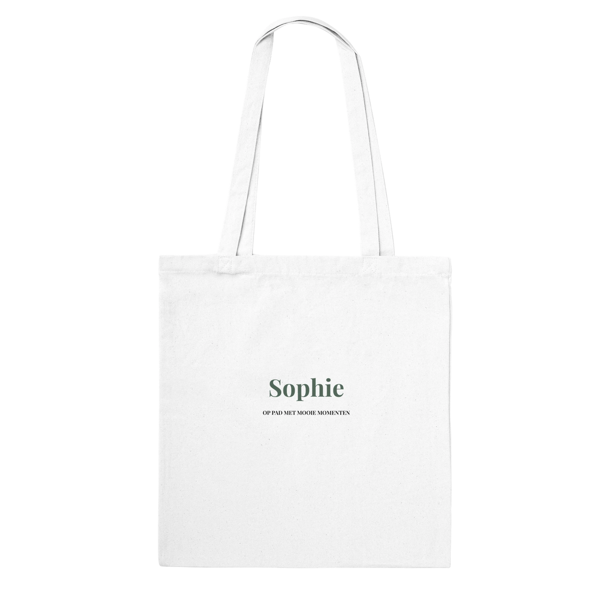 Katoenen tas met lange hengsels en persoonlijke naam in groen, voorbeeld Sophie