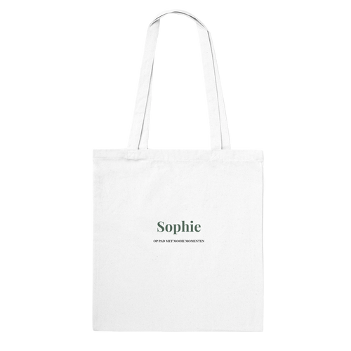 Katoenen tas met lange hengsels en persoonlijke naam in groen, voorbeeld Sophie