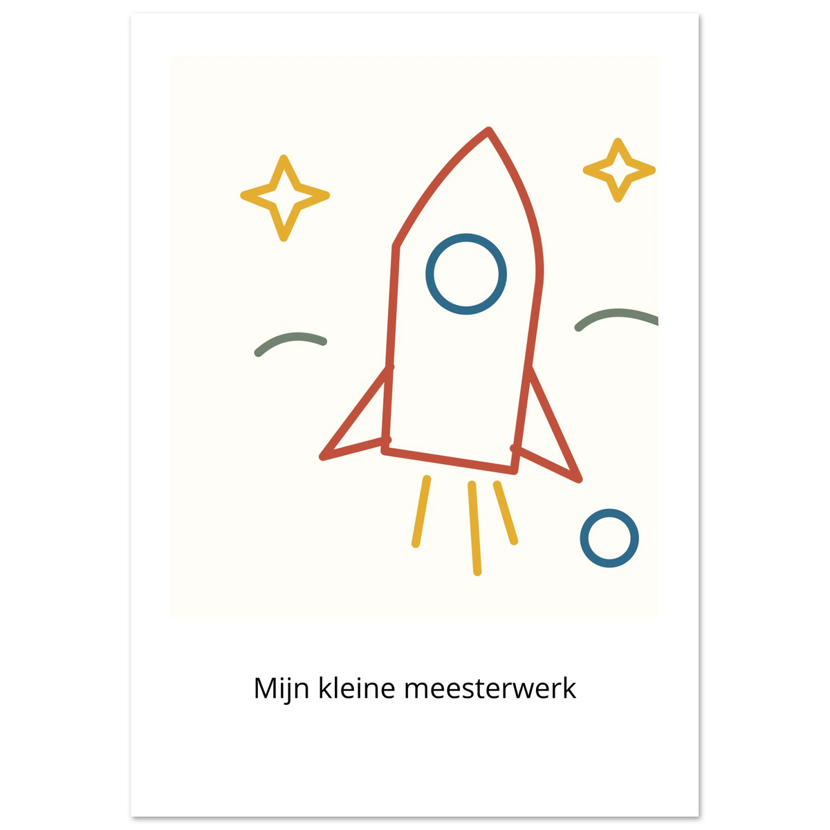 Kindertekening als poster met raket en sterren op een lichte achtergrond